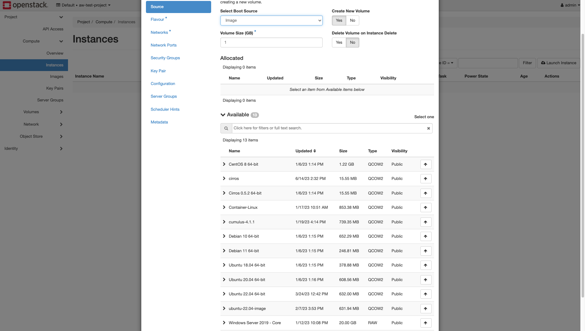 Launch Instance - Source mit Images